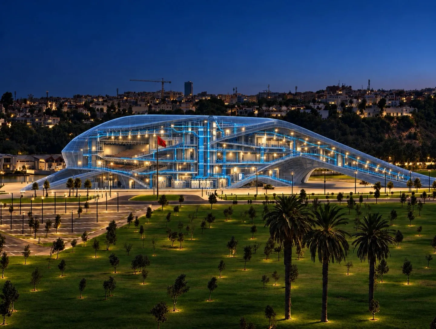 Le même bâtiment de nuit, installations électriques en service