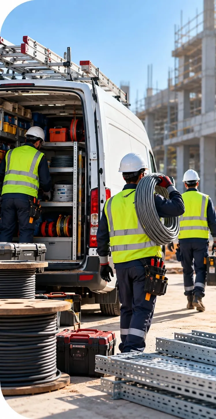 Équipe AGSELEC sur un chantier avec câbles et outillage