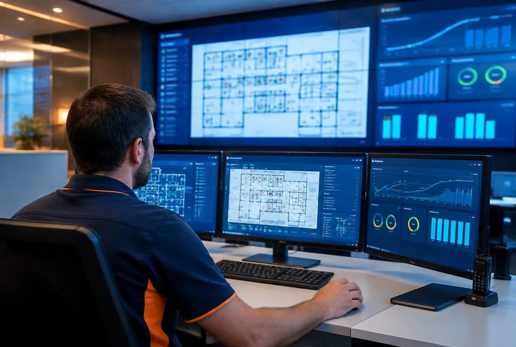 Technicien supervisant un bâtiment depuis un poste de gestion technique (GTB)