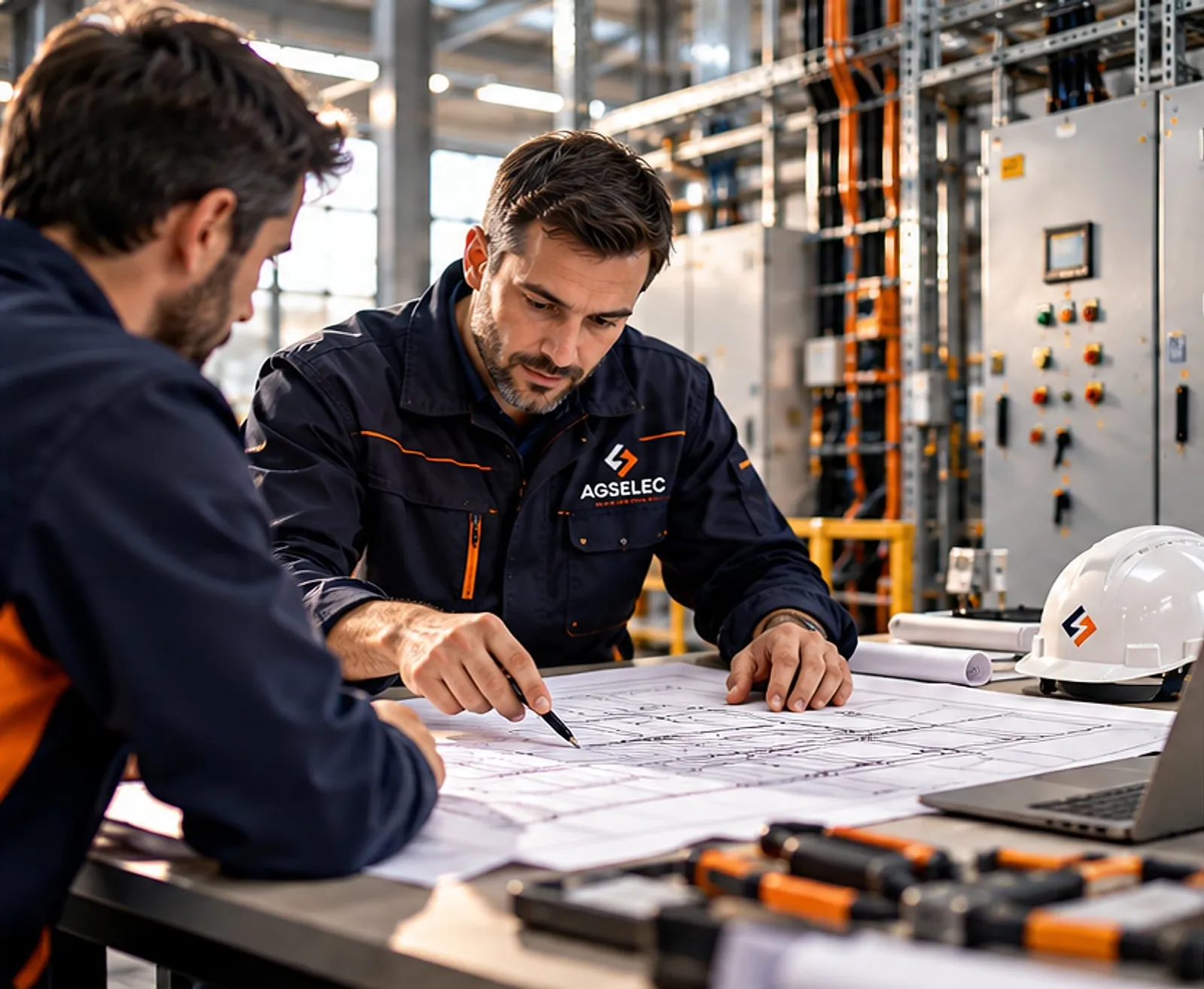 Deux techniciens AGSELEC étudiant des plans électriques