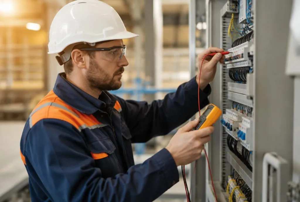 Technicien réalisant des mesures de contrôle sur un tableau électrique
