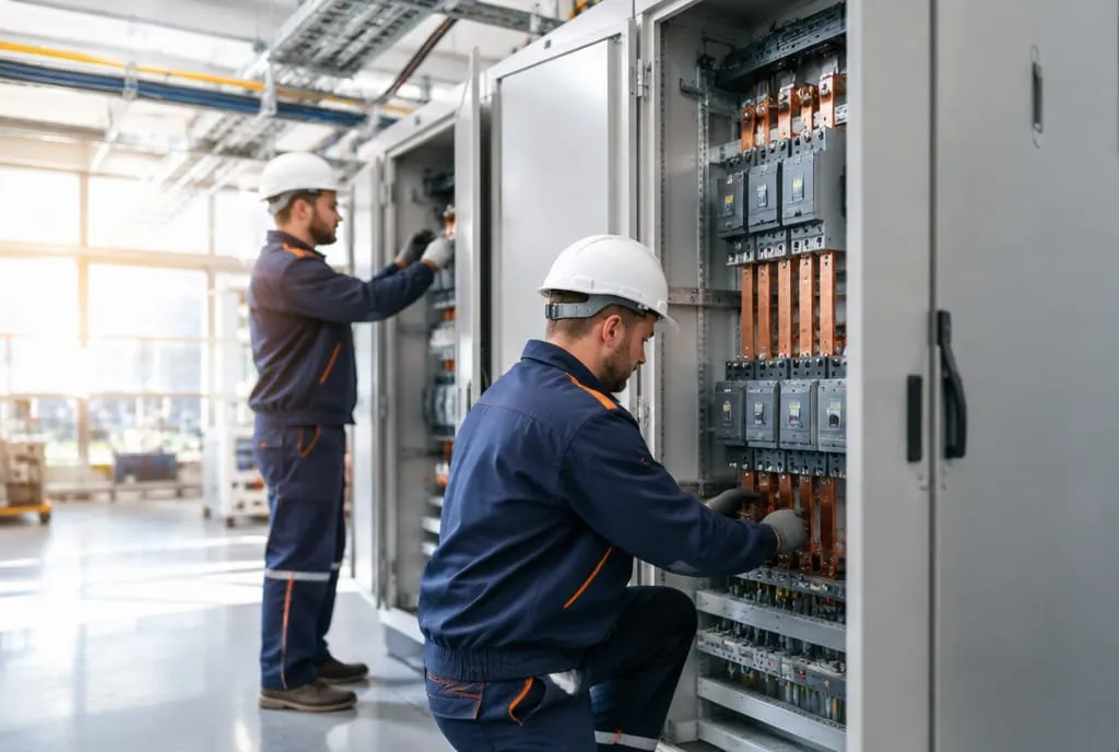 Électriciens installant un tableau général basse tension
