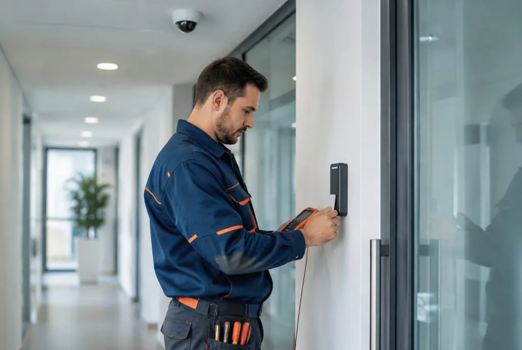 Installation d’un lecteur de contrôle d’accès dans un couloir de bureaux