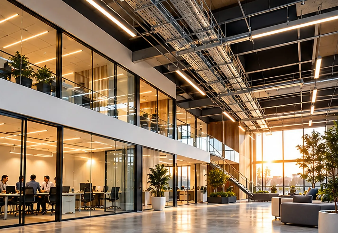 Plateau de bureaux moderne équipé d’éclairage et de réseaux